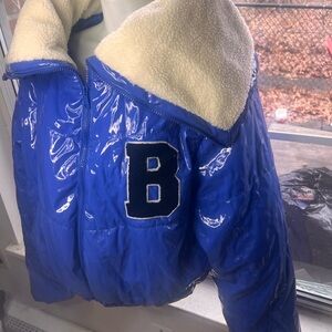 Blue and Cream Puffer Jacket with Two-Tone Design